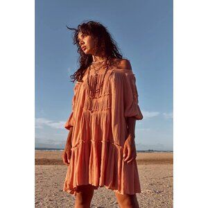 Free People See Ya There Orange Gauze Flowy Mini Dress Boho Coastal Lagenlook S